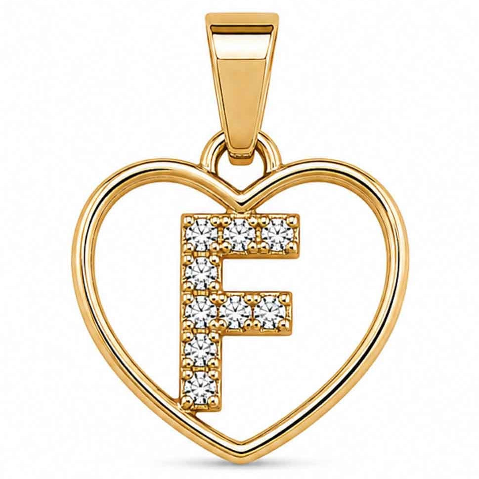 LOVE LETTER CHARM XGold heart-shaped pendant with a sparkling crystal-encrusted letter F design, polished gold finish, and a top bail, displayed on a clean white background.
