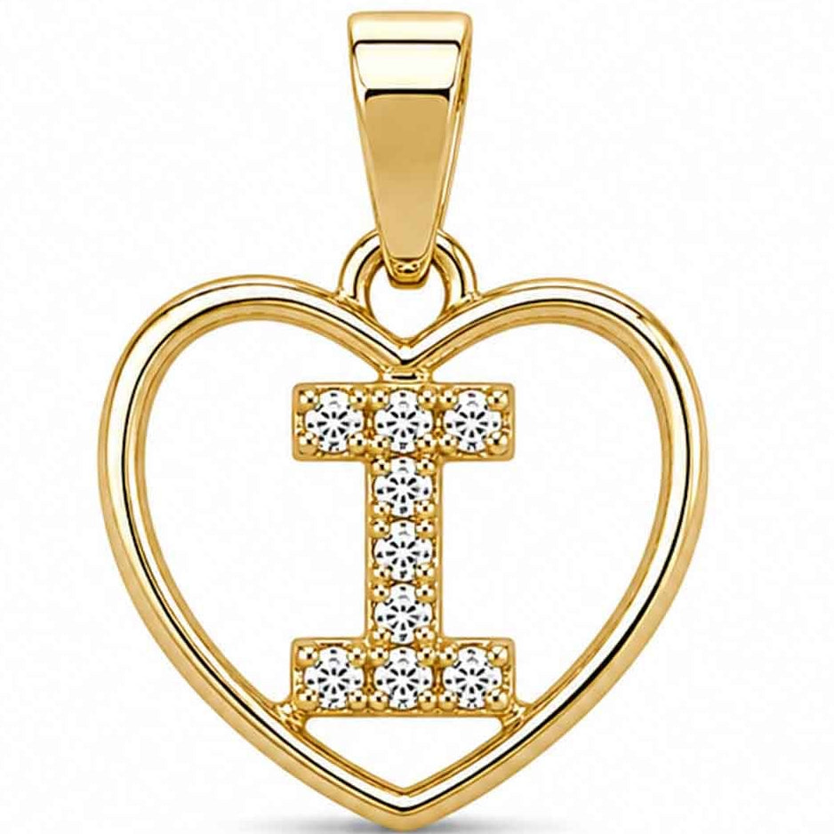 LOVE LETTER CHARM XGold heart-shaped pendant with a sparkling crystal-encrusted letter I design, polished gold finish, and a top bail, displayed on a clean white background.
