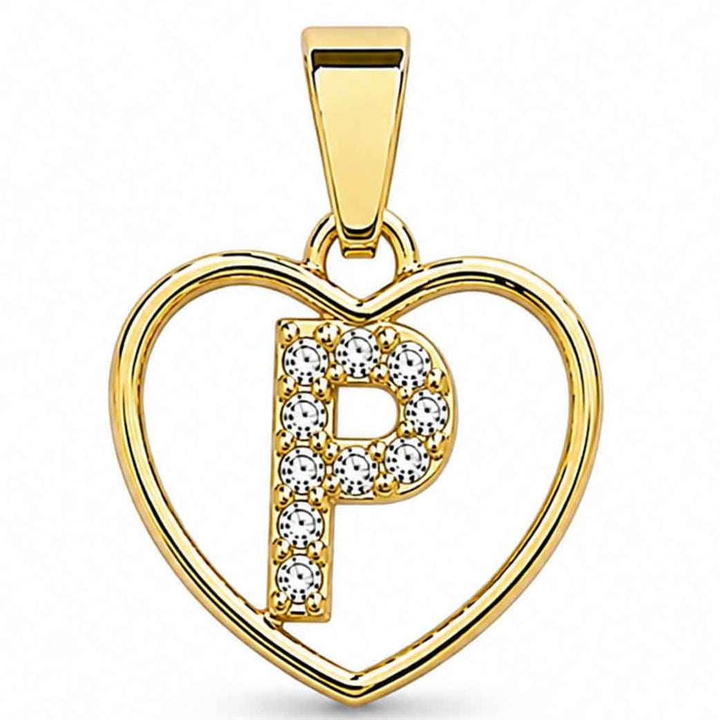 Gold heart outline initial P charm embellished with sparkling stones on a white background.
