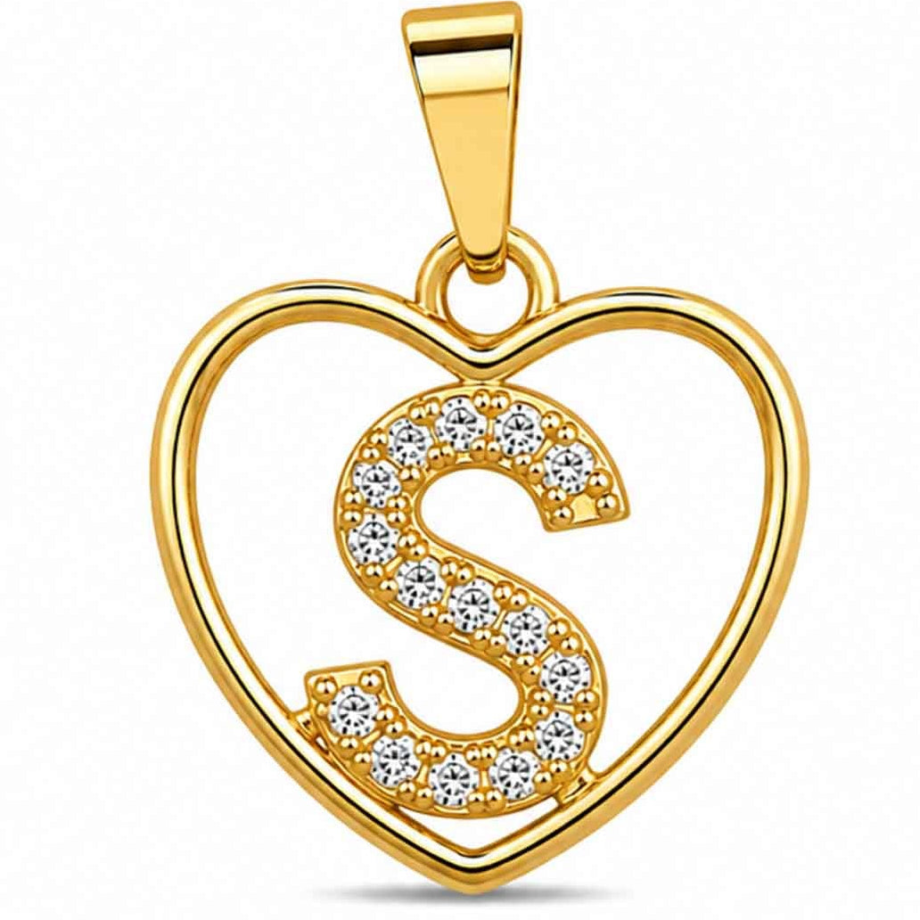 Gold heart-shaped pendant with a sparkling crystal-encrusted letter S design, polished gold finish, and a top bail, displayed on a clean white background.
