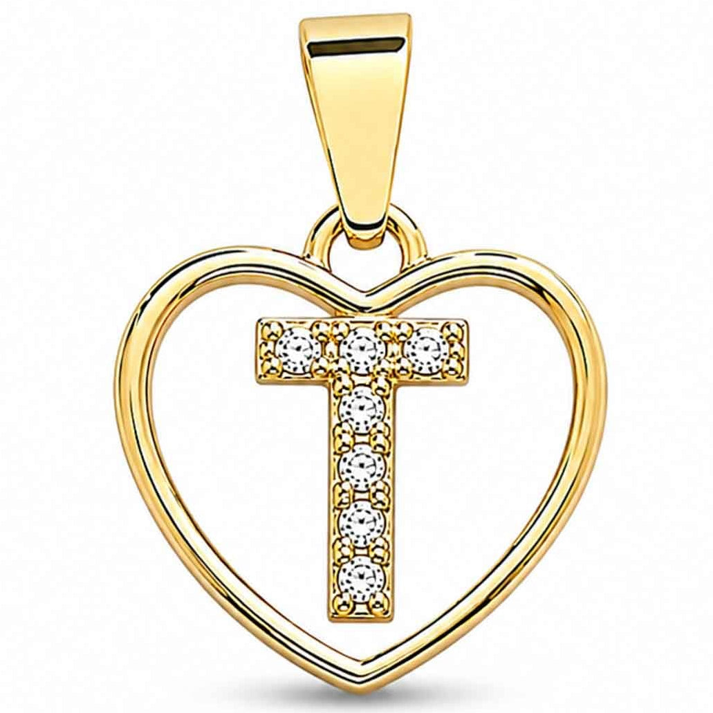 Gold heart-shaped pendant with a sparkling crystal-encrusted letter T design, polished gold finish, and a top bail, displayed on a clean white background.
