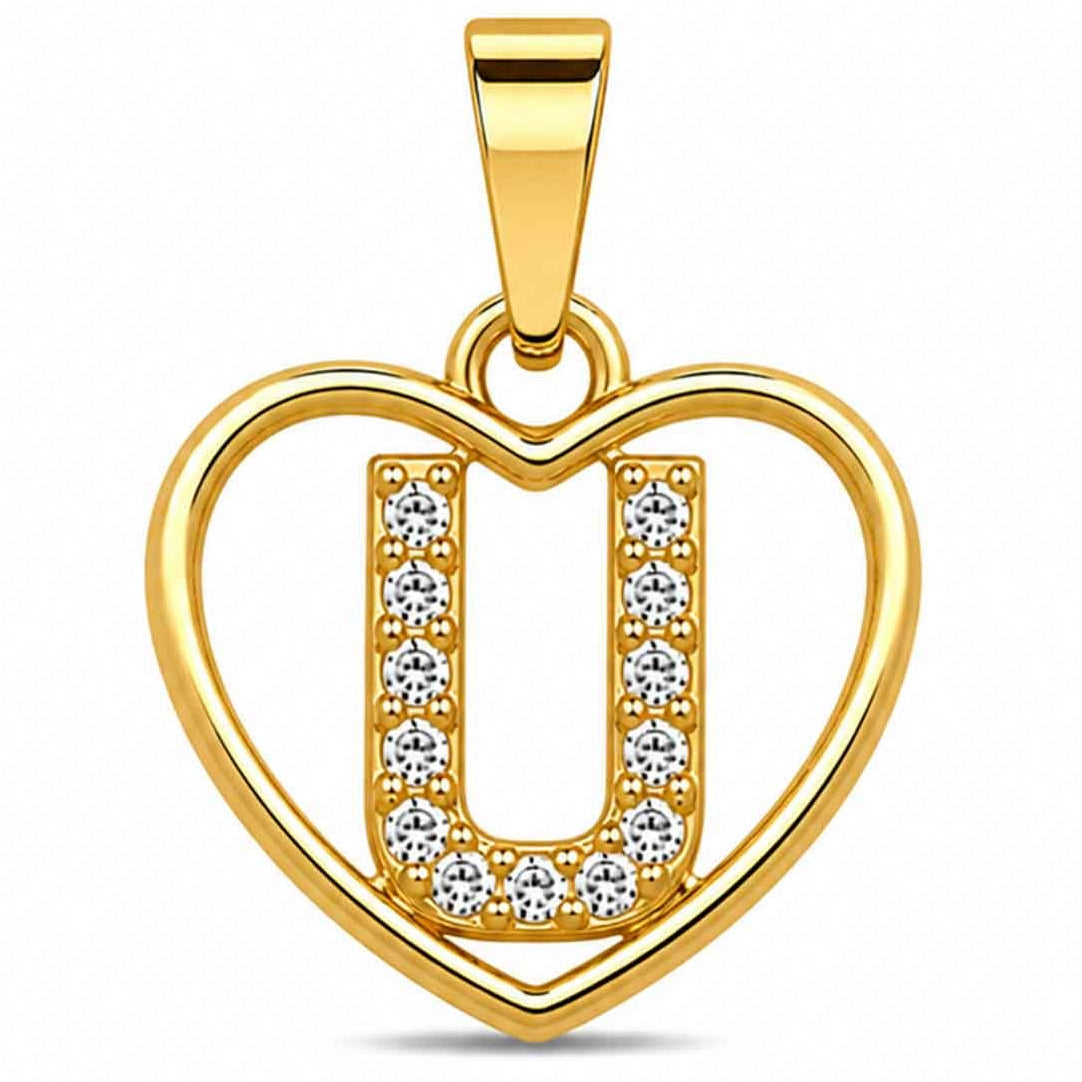 Gold heart-shaped pendant with a sparkling crystal-encrusted letter U design, polished gold finish, and a top bail, displayed on a clean white background.
