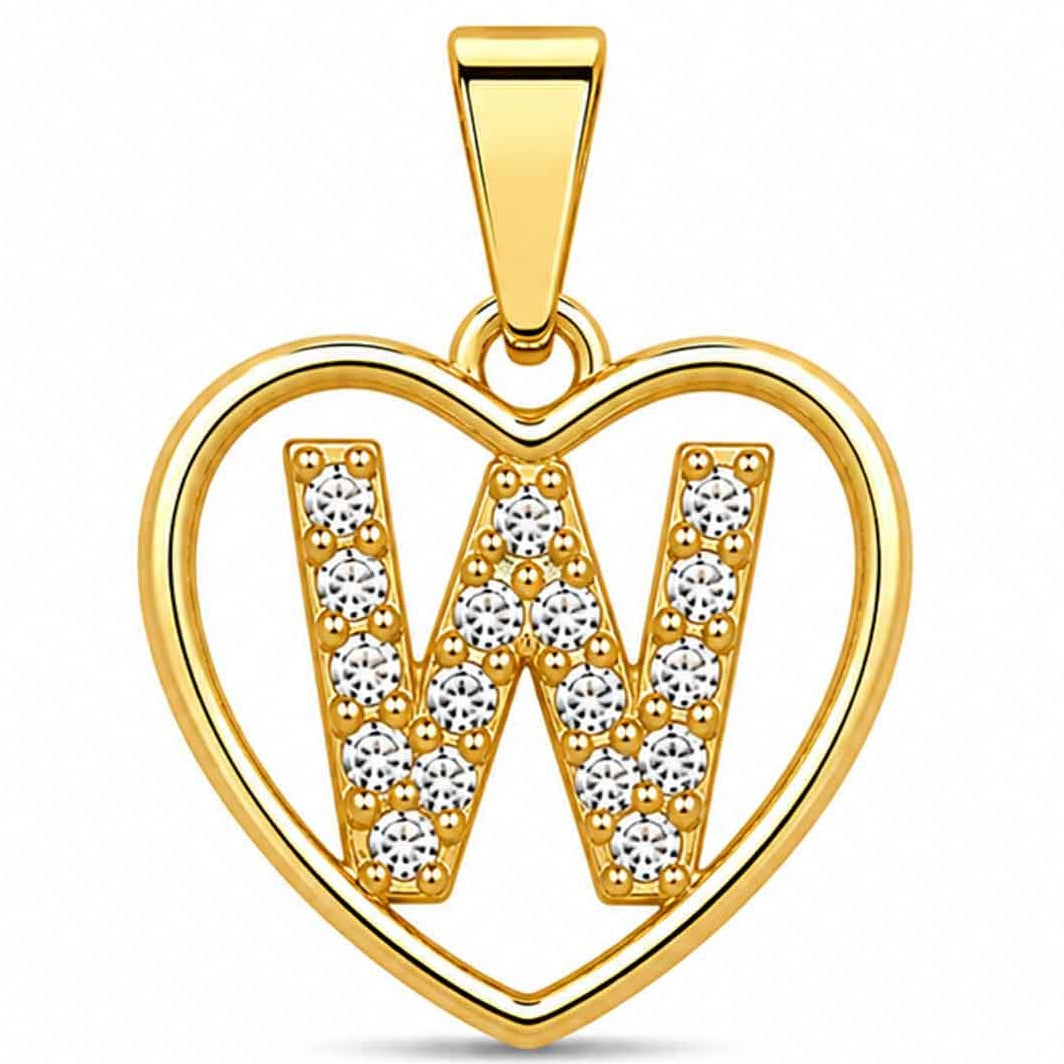 Gold heart-shaped pendant with a sparkling crystal-encrusted letter W design, polished gold finish, and a top bail, displayed on a clean white background.
