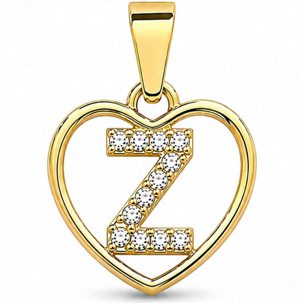 LOVE LETTER CHARM XGold heart-shaped pendant with a sparkling crystal-encrusted letter Z design, polished gold finish, and a top bail, displayed on a clean white background.
