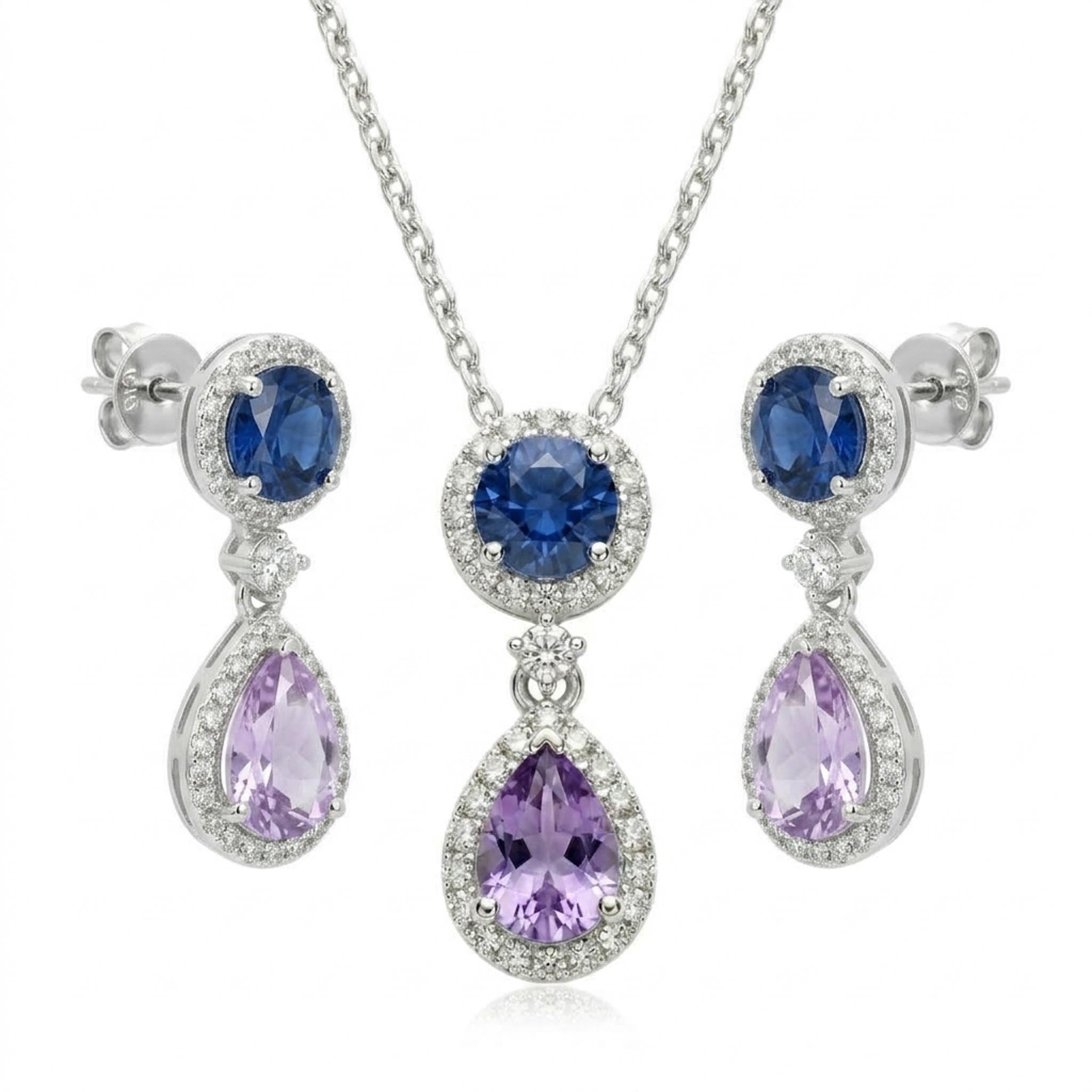 Lavender Teardrop 925 Sterling Silver Necklace Set featuring a pear-shaped lavender gemstone pendant with a royal blue halo accent, paired with matching drop earrings