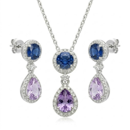 Blue & Lavender Halo Pendant Necklace and Drop Earrings Set in Silver Tone with Pavé Crystal Accents, Displayed on White Background