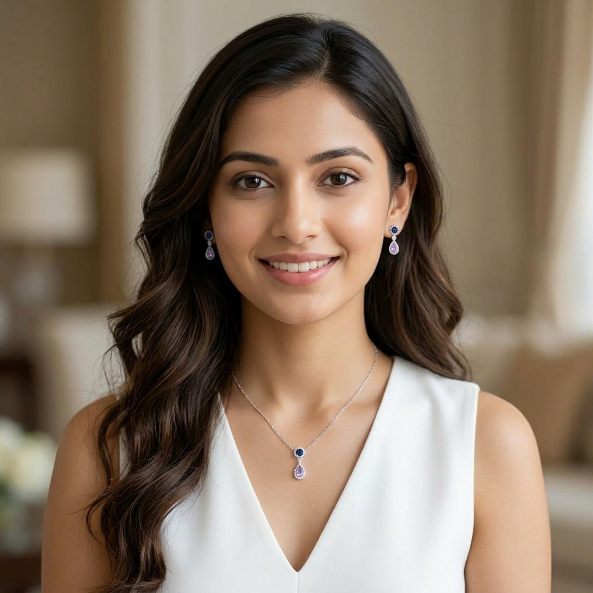 Lavender Teardrop 925 Sterling Silver Necklace Set featuring a pear-shaped lavender gemstone pendant with a royal blue halo accent, paired with matching drop earrings