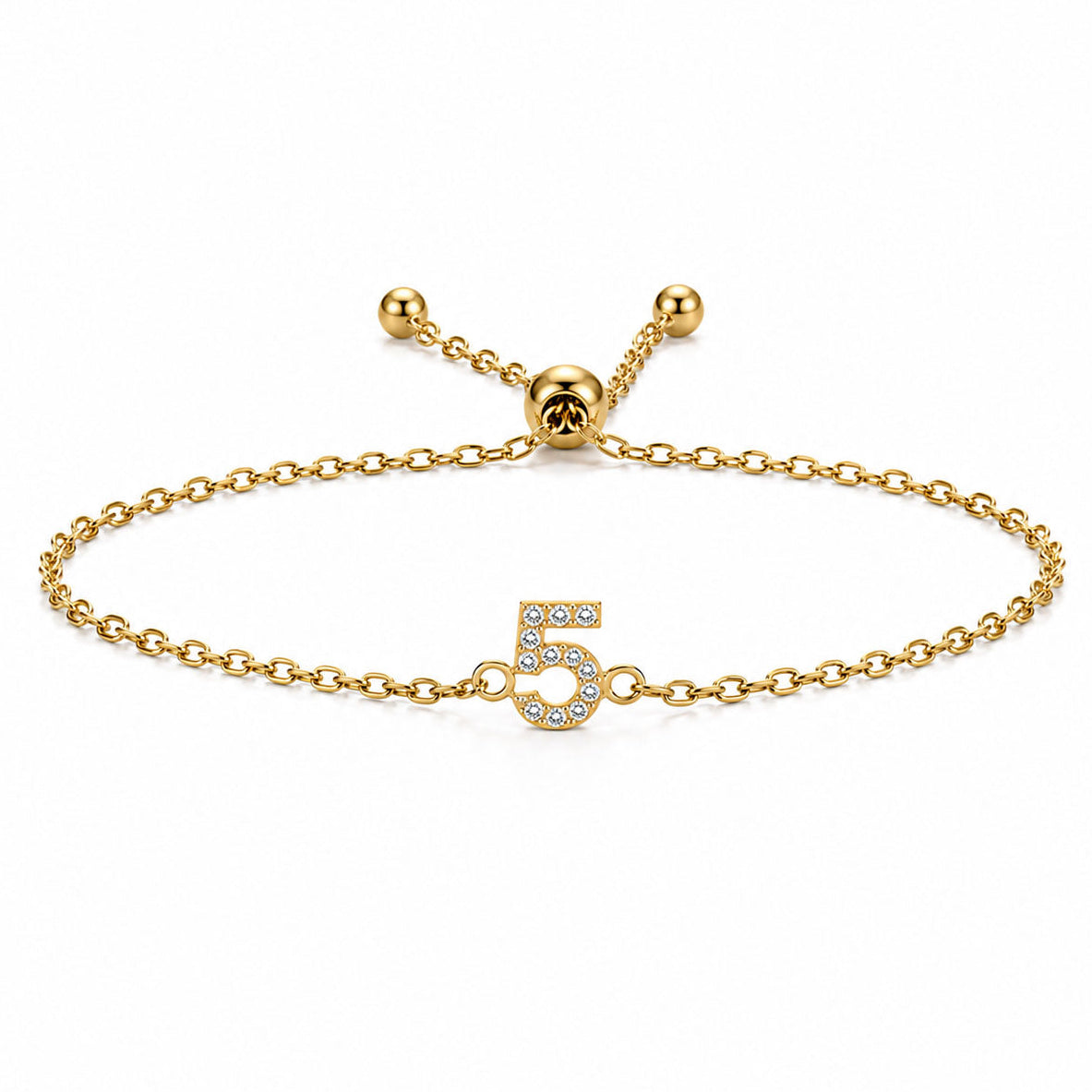 Gold chain lucky number 5 crystal bracelet with an adjustable slider clasp on a white background.