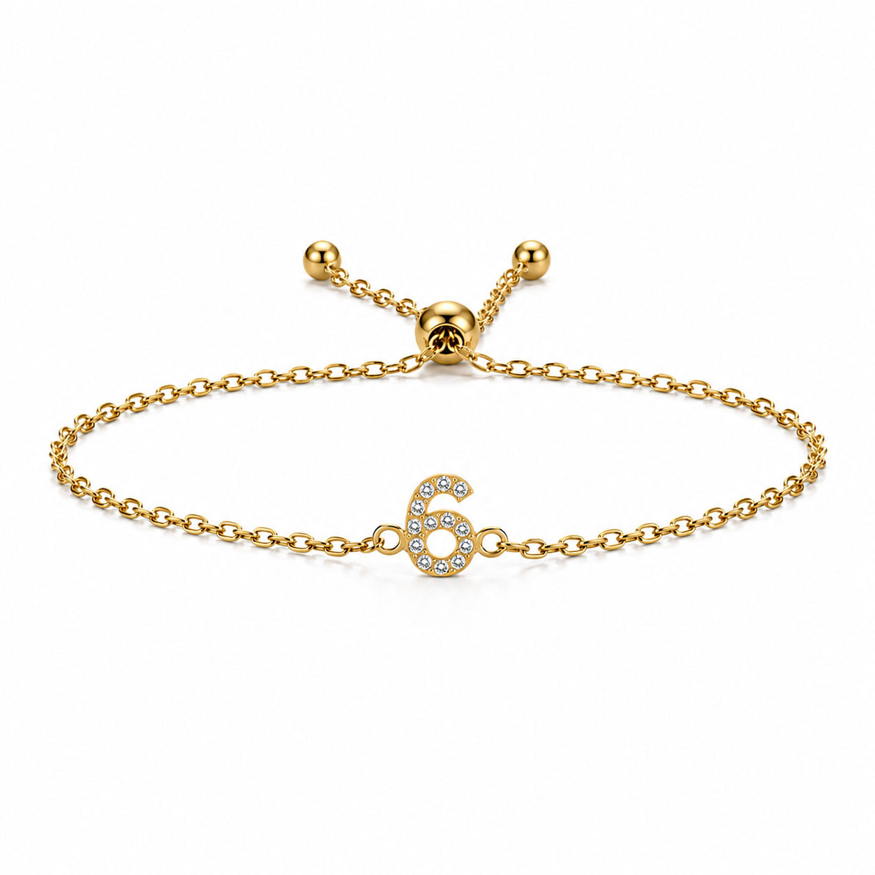 Gold chain lucky number 6 crystal bracelet with an adjustable slider clasp on a white background.