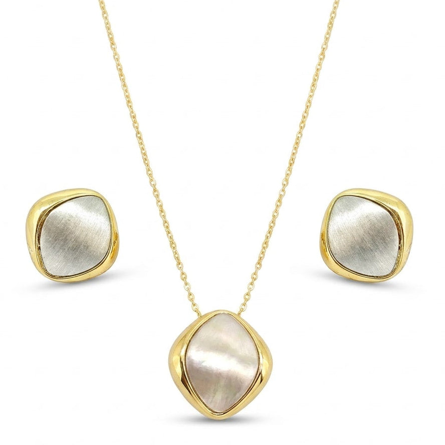 Anti-tarnish gold jewelry set featuring a pendant necklace with an iridescent mother-of-pearl cushion stone in a gold bezel, paired with matching brushed silver and gold stud earrings.