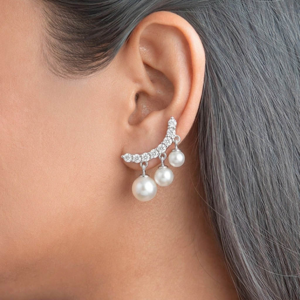Lunar Pearl Drop 925 Sterling Silver Earrings featuring a graceful crescent-inspired design adorned with sparkling cubic zirconia stones and three lustrous pearl drops
