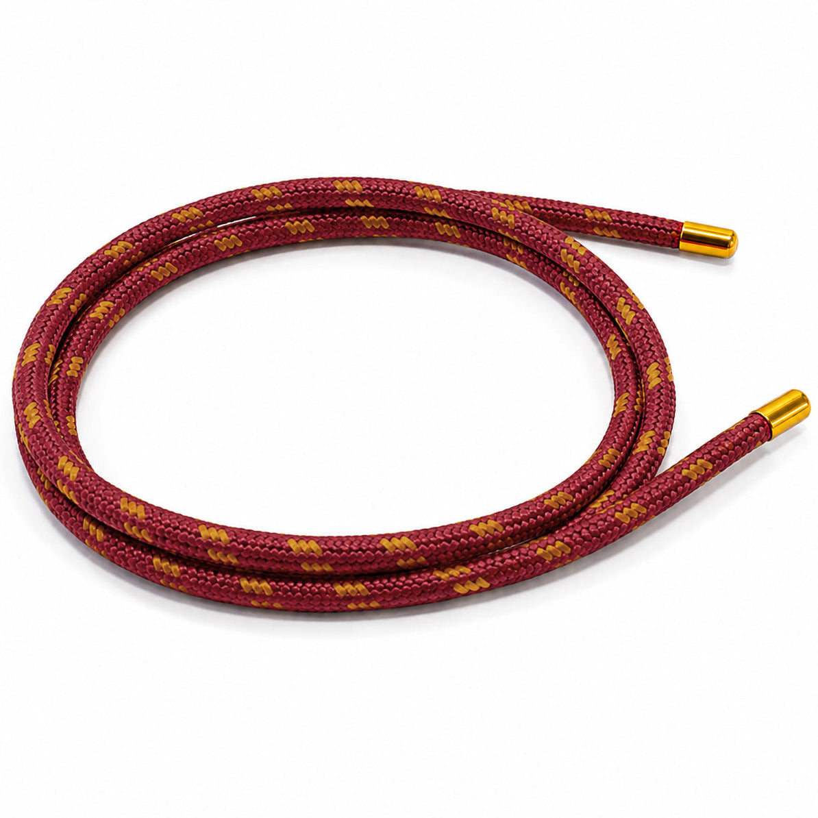 Maroon red and gold patterned magnetic mesh wrap bracelet with gold end caps coiled on a white background.