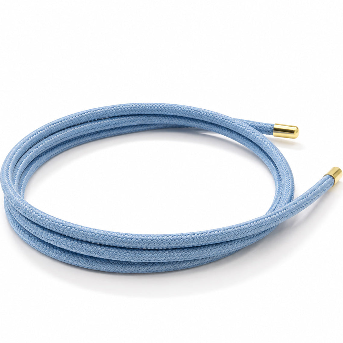 Light blue braided cord bracelet with a minimalist wrap design and gold-tone end caps, arranged in a loop on a clean white background with soft shadows.