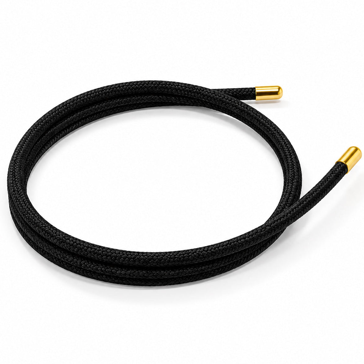 Solid black magnetic mesh wrap bracelet with polished gold end caps coiled on a white background.