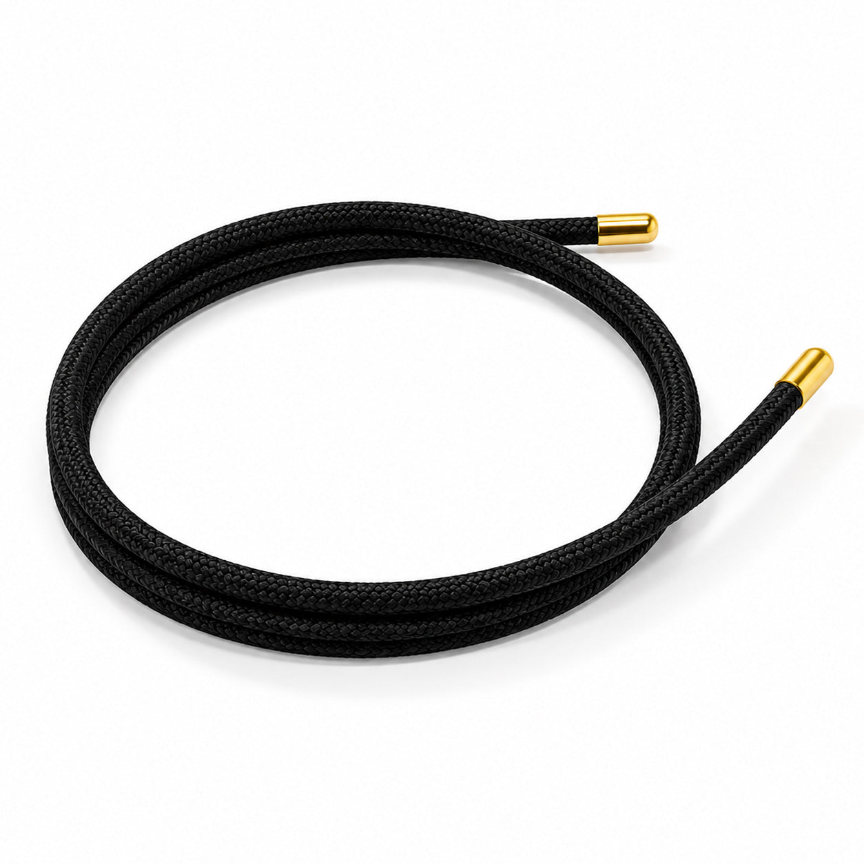 Solid black magnetic mesh wrap bracelet with polished gold end caps coiled on a white background.