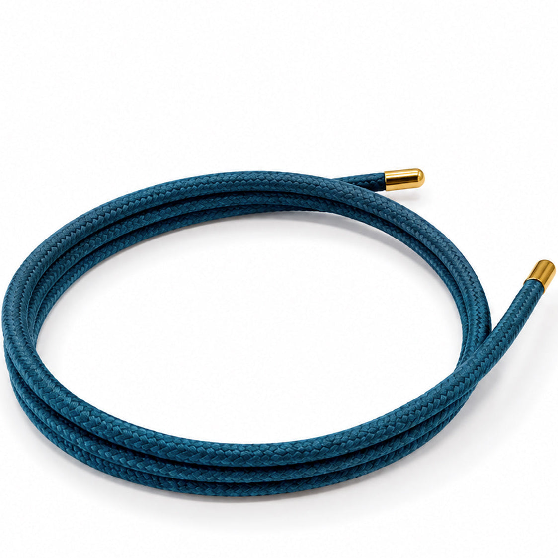 Aqua blue magnetic mesh wrap bracelet with polished gold end caps coiled on a white background.