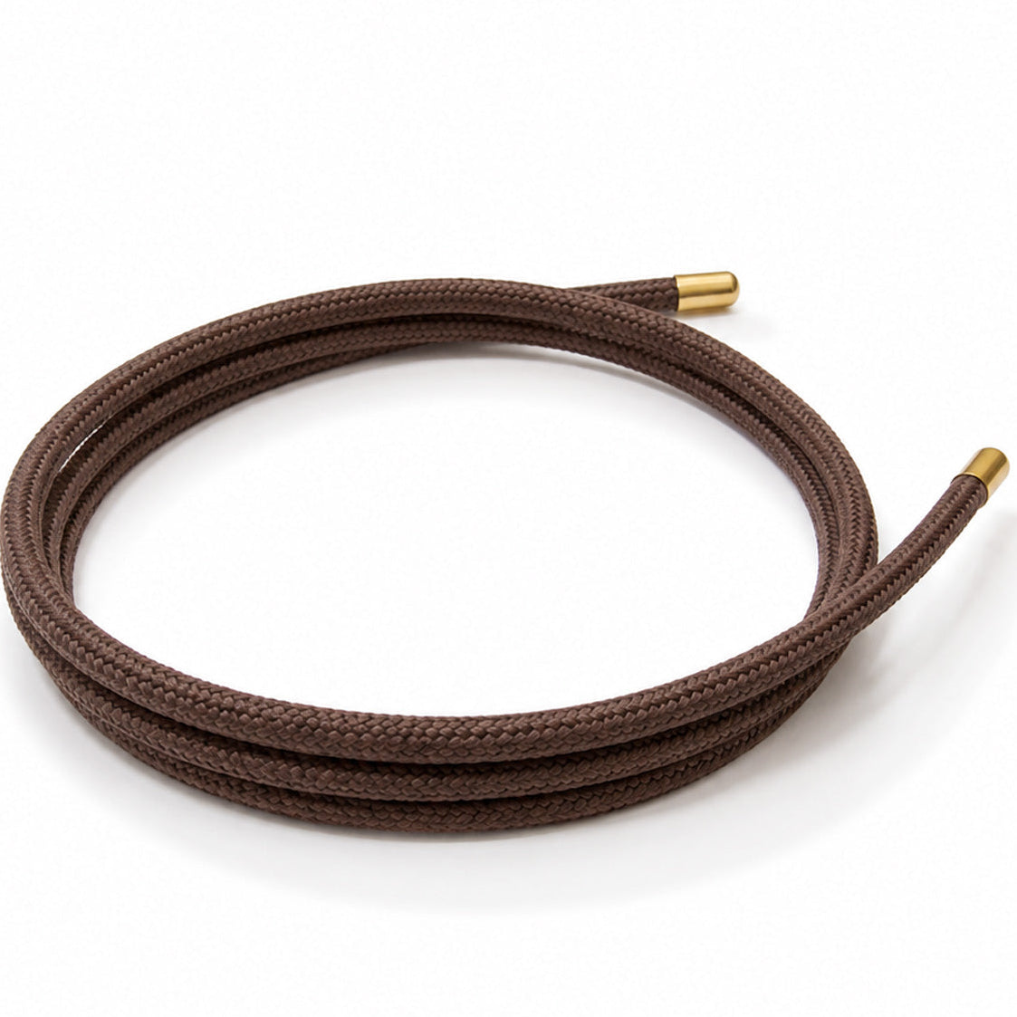 Brown magnetic mesh wrap bracelet with polished gold end caps coiled on a white background.