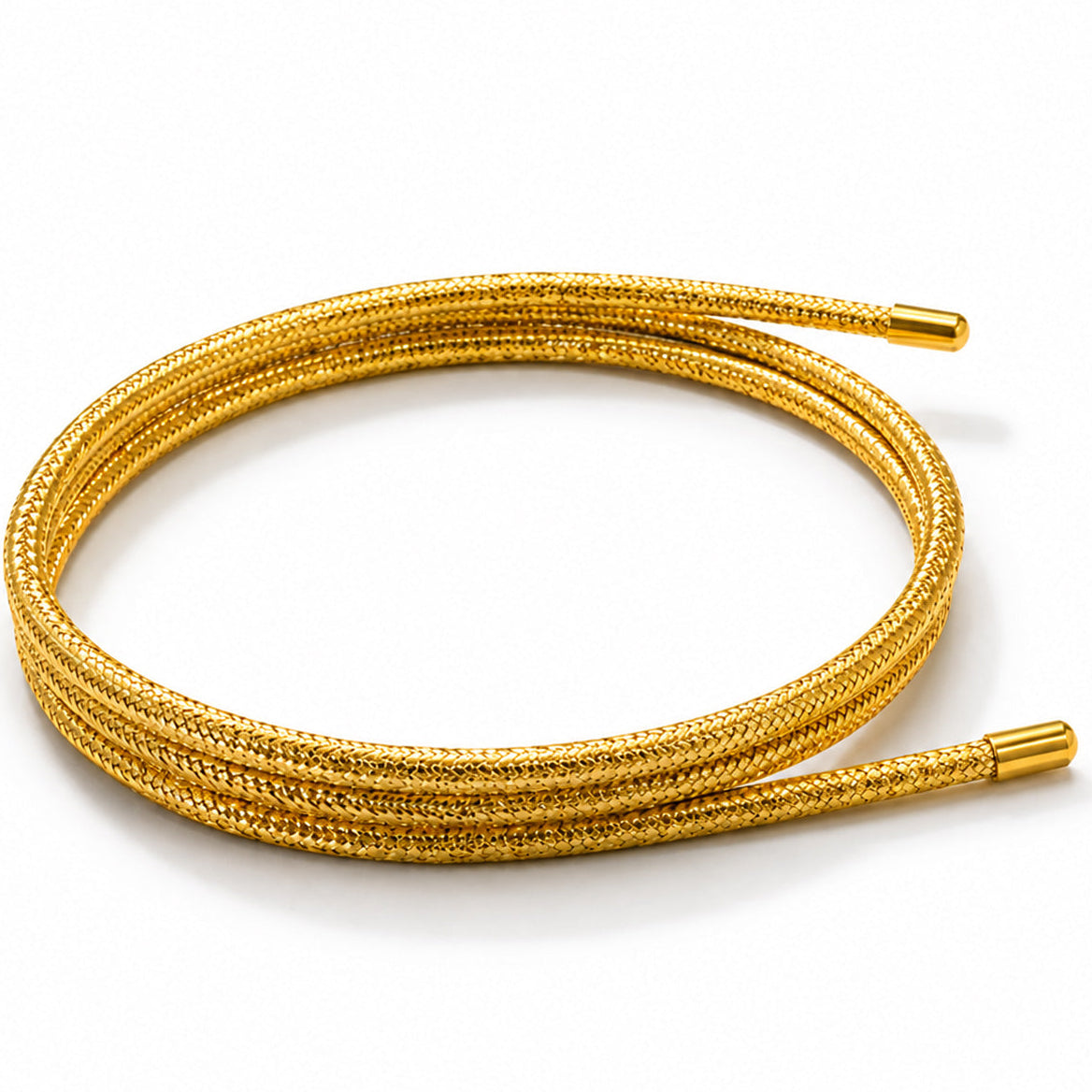 Gold magnetic mesh wrap bracelet with polished end caps coiled on a white background.