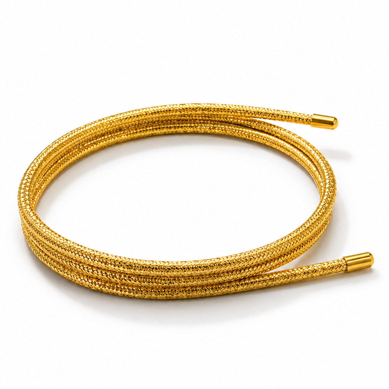 Gold magnetic mesh wrap bracelet with polished end caps coiled on a white background.