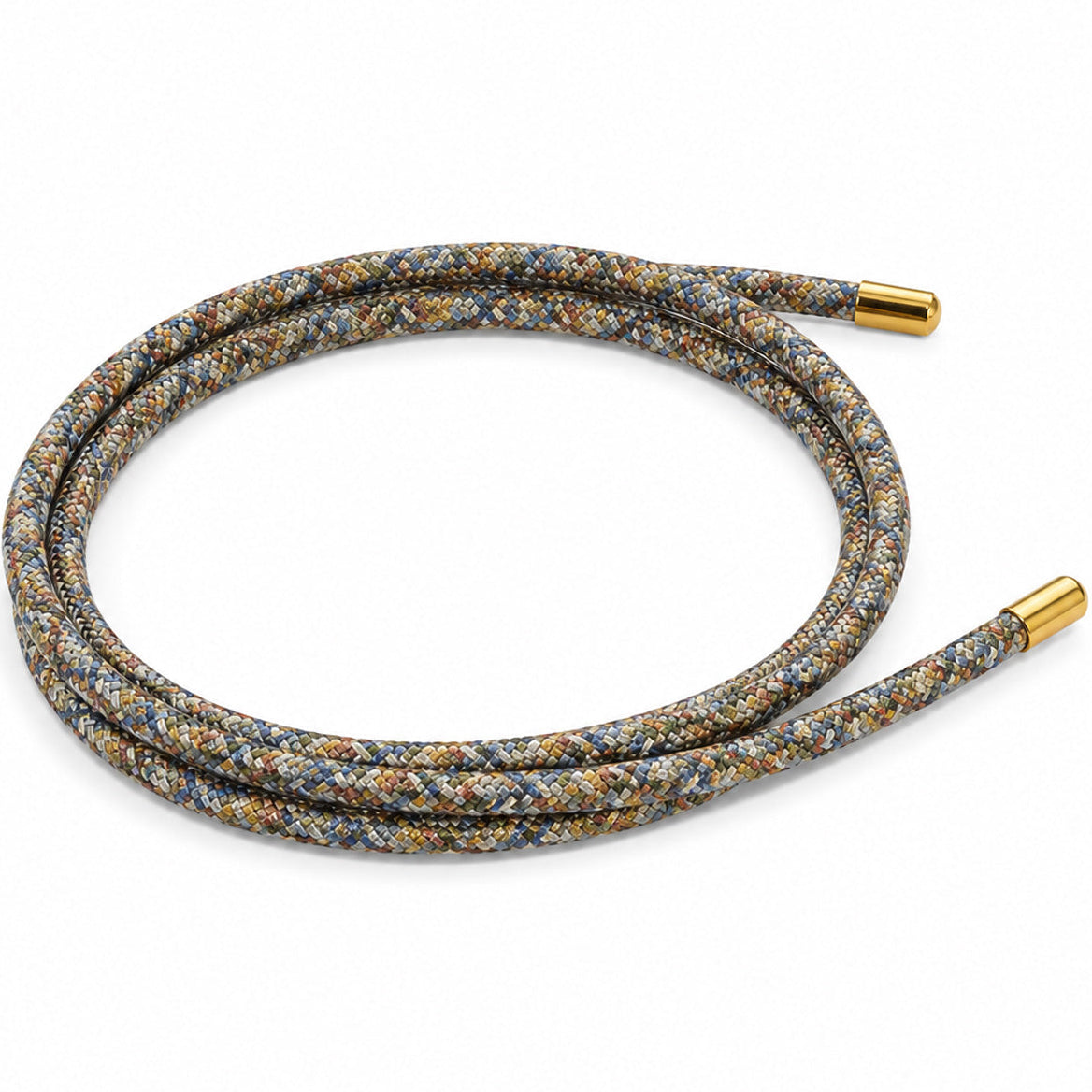 Multicolor woven magnetic mesh wrap bracelet with gold end caps coiled on a white background.