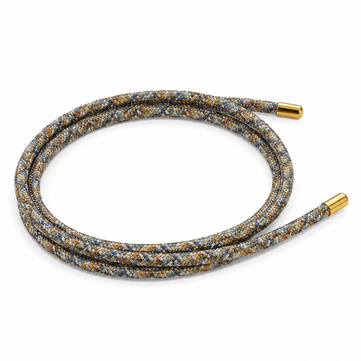 Multicolor woven magnetic mesh wrap bracelet with gold end caps coiled on a white background.