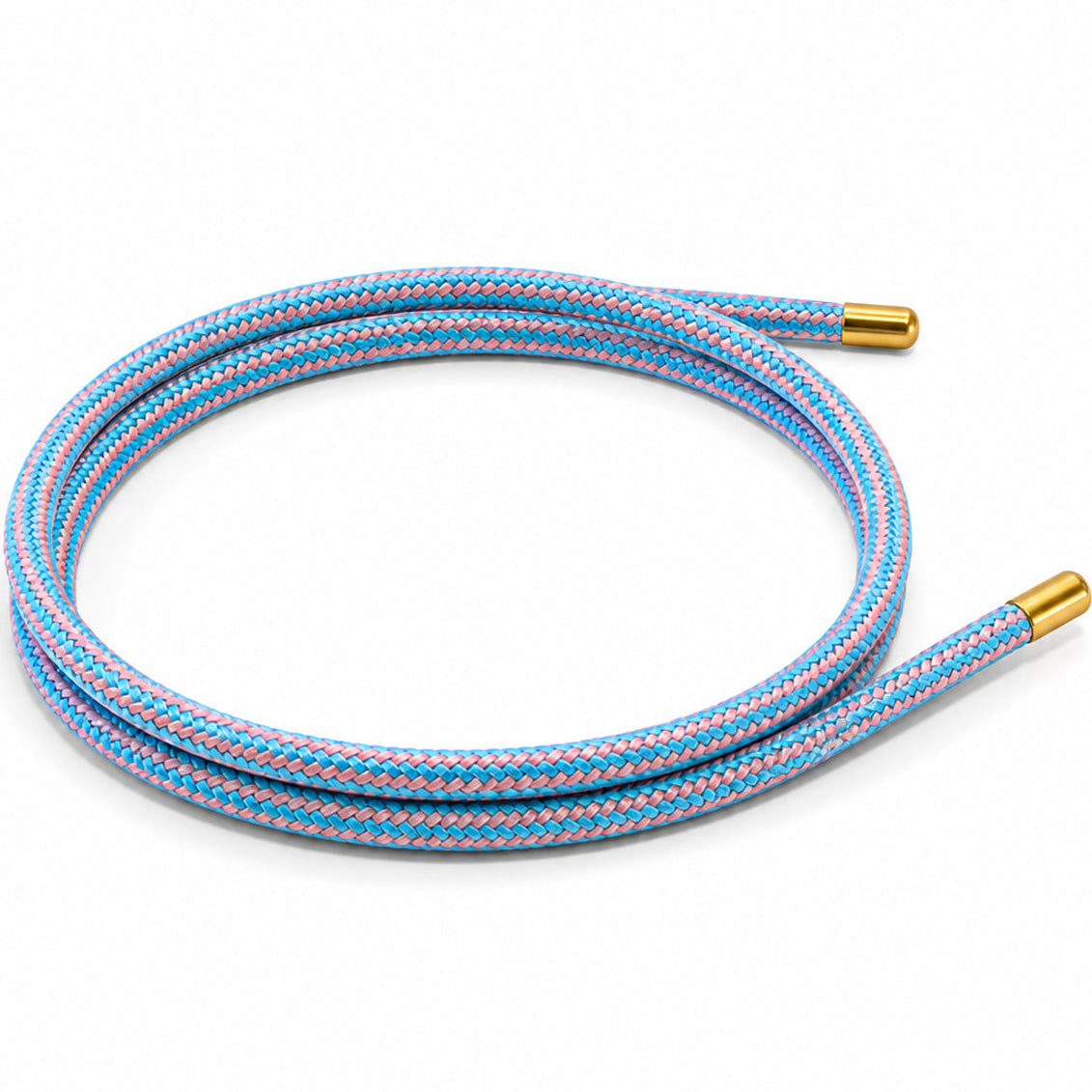 PASTEL BLUE and pink patterned magnetic mesh wrap bracelet with gold end caps coiled on a white background.