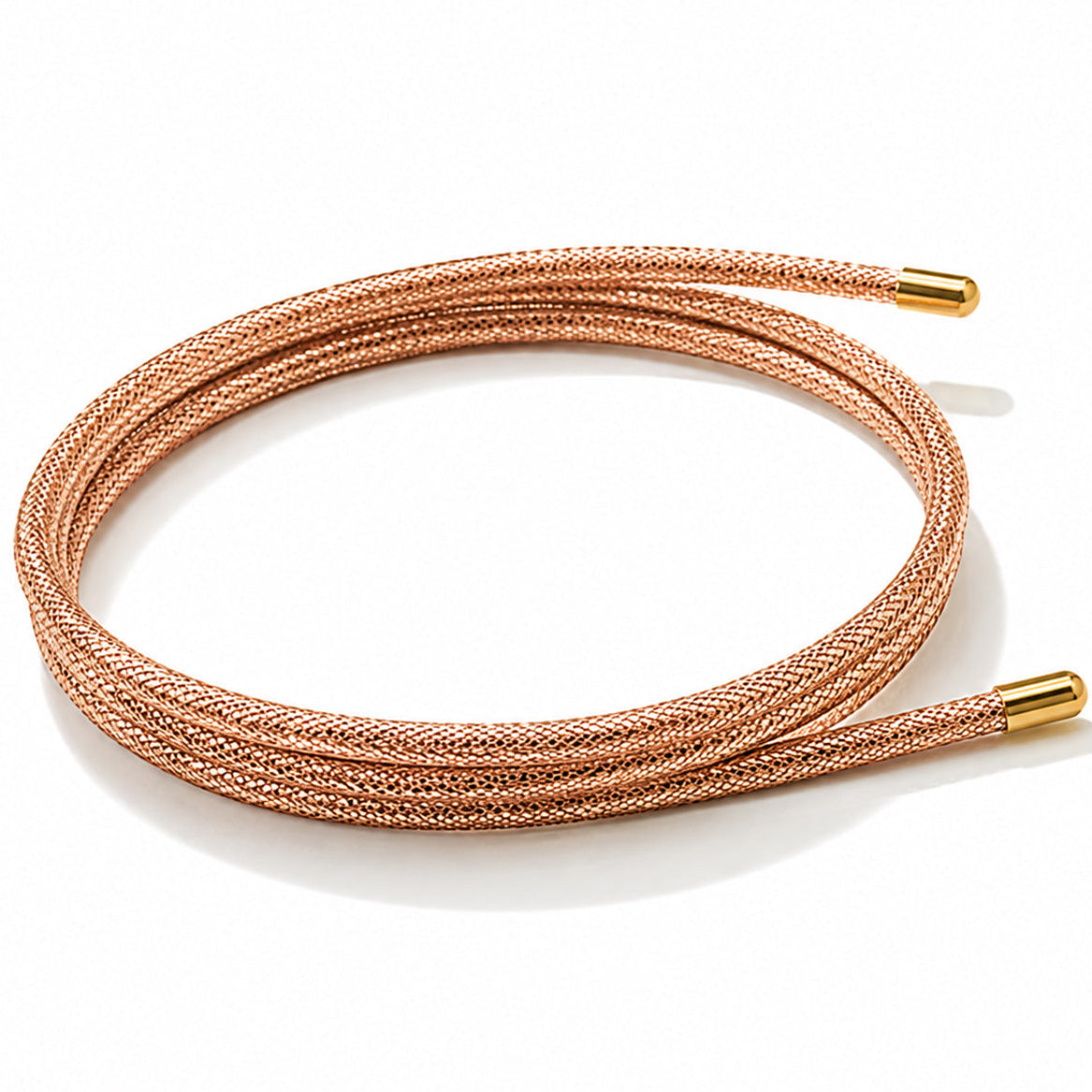 Rose gold magnetic mesh wrap bracelet with polished gold end caps coiled on a white background.