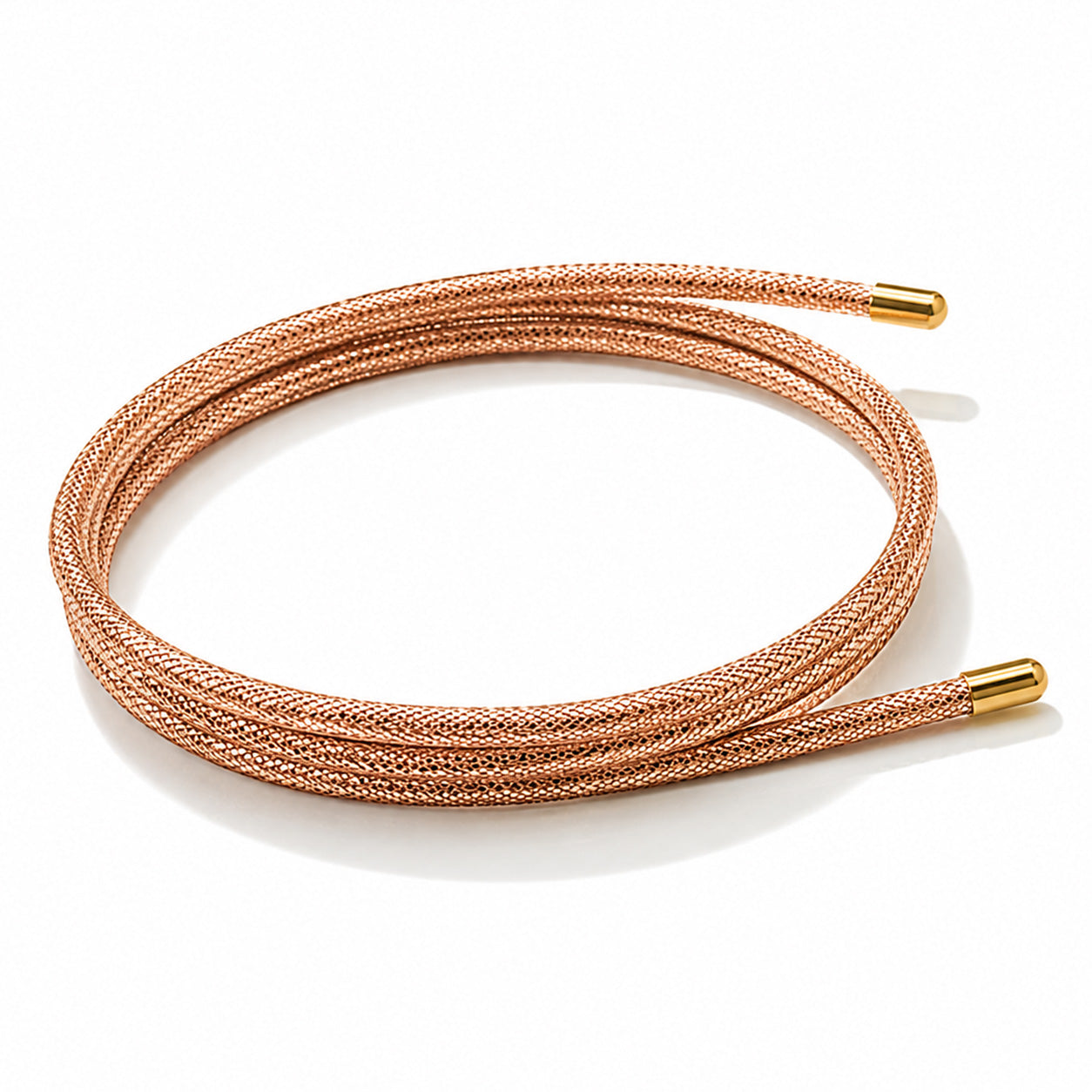 Rose gold magnetic mesh wrap bracelet with polished gold end caps coiled on a white background.