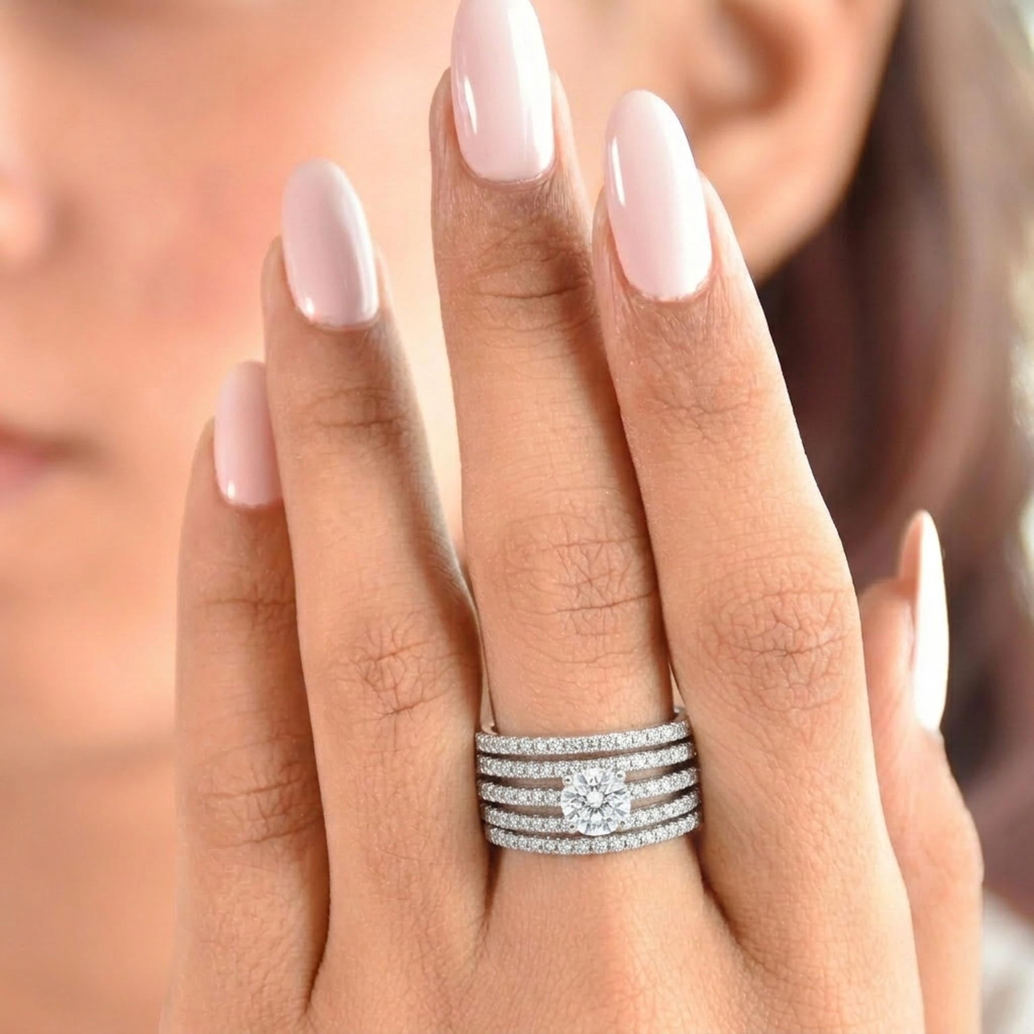 Majestic Diamond 925 Sterling Silver Ring with a round brilliant-cut center stone and multi-row pave diamond band design in polished sterling silver