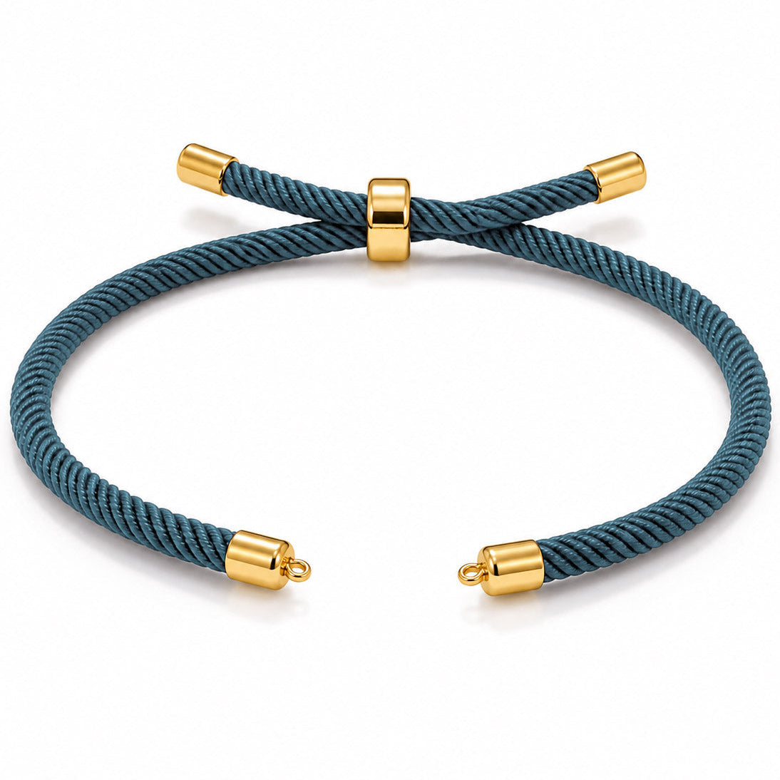 Blue braided cord bracelet with gold-tone end caps and an adjustable sliding clasp, displayed on a clean white background.