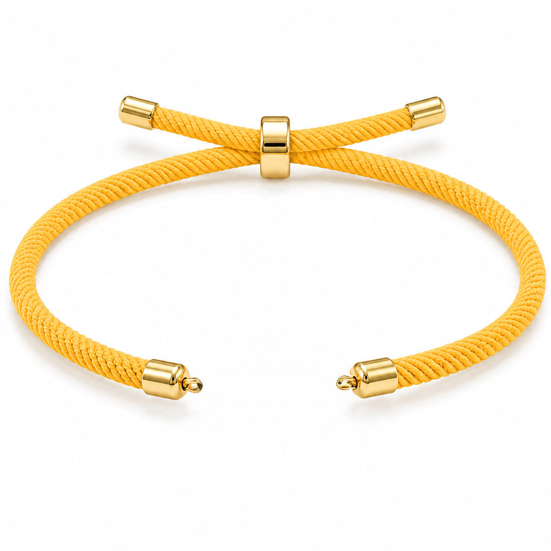 Yellow braided cord bracelet with gold-tone end caps and a central adjustable sliding clasp, displayed on a clean white background.