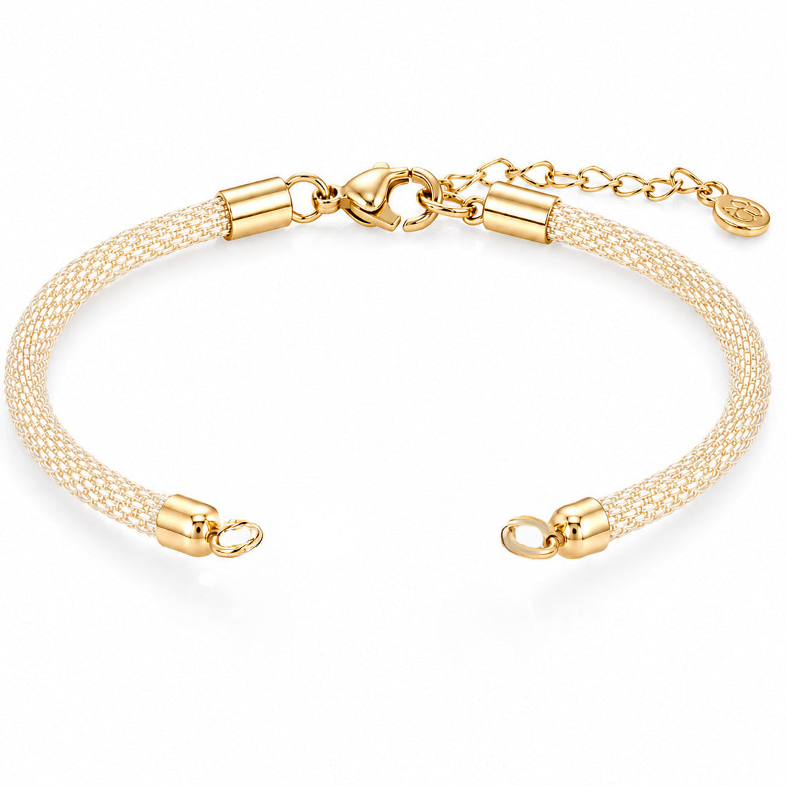 Delicate white woven mesh bracelet with gold-tone end caps, lobster clasp, and adjustable extender chain, displayed on a clean white background.