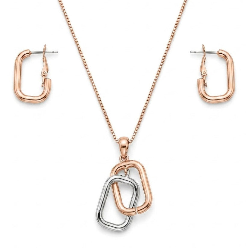 A rose gold-tone jewelry set featuring a delicate chain necklace with interlocking rectangular link pendants in rose gold and silver finishes. The set includes matching rectangular hoop earrings in a sleek, modern design, displayed on a clean white background.