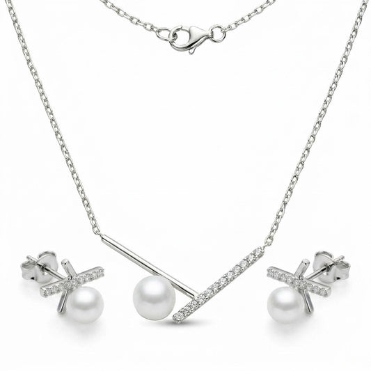 925 sterling silver pearl jewelry set featuring a pearl pendant necklace and matching pearl stud earrings with pave bar accents, displayed on a white background.