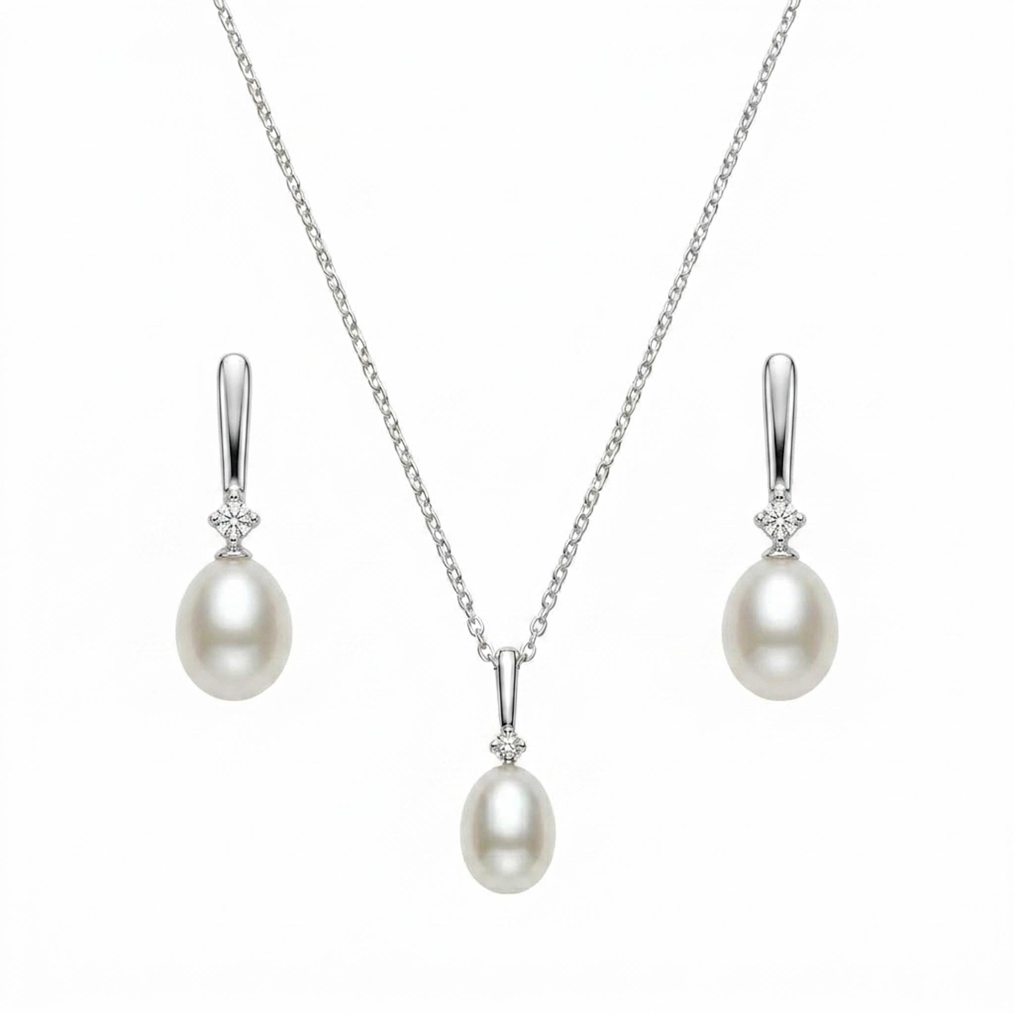 Moonlight Pearl 925 Sterling Silver Necklace Set featuring a classic teardrop pearl pendant necklace with matching pearl drop earrings