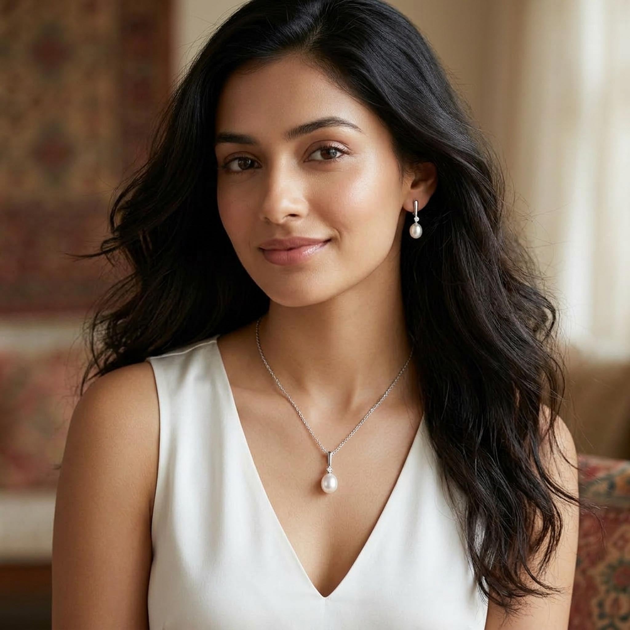 Moonlight Pearl 925 Sterling Silver Necklace Set featuring a classic teardrop pearl pendant necklace with matching pearl drop earrings