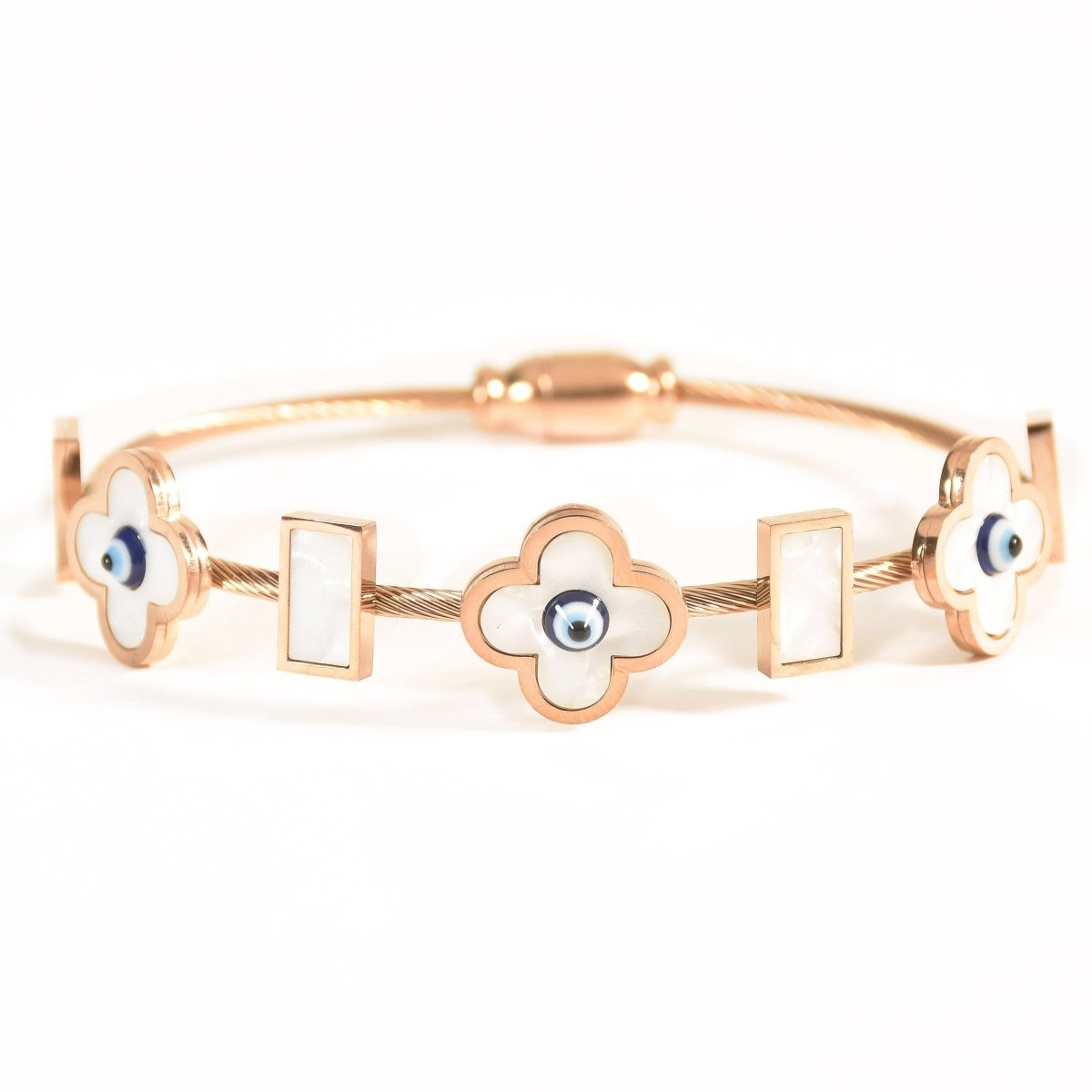 Elegant rosegold flower bangle with mother-of-pearl detailing, a secure magnetic lock, and an anti-tarnish finish, perfect for everyday chic styling and effortless elegance