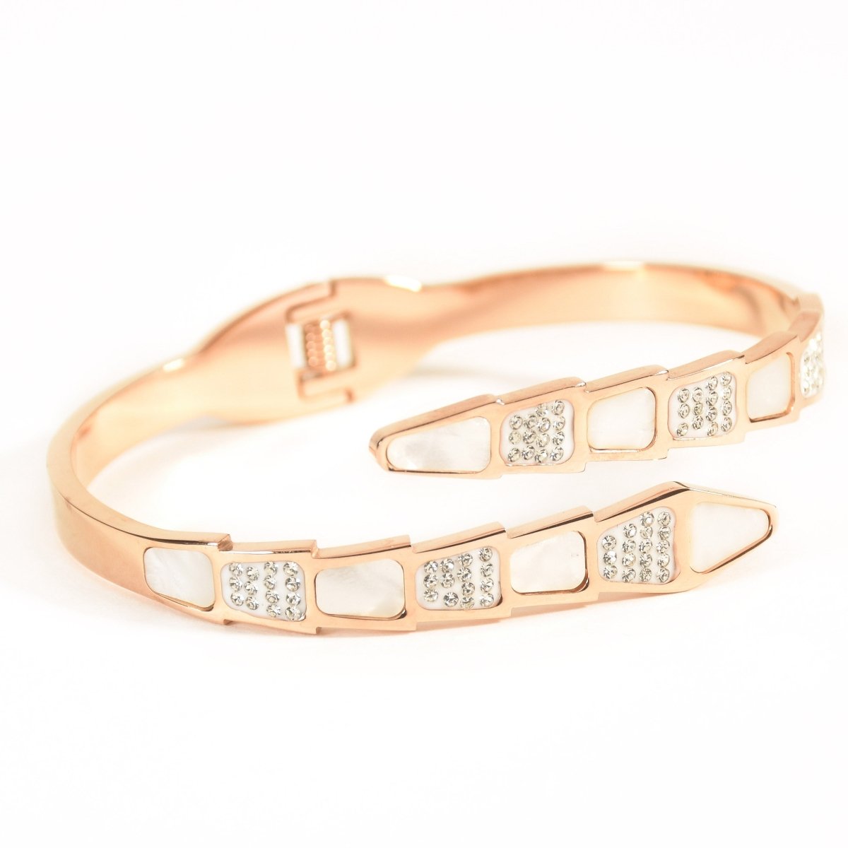 Elegant rosegold snake bracelet with mother-of-pearl detailing and an anti-tarnish finish, perfect for everyday elegance, gifting, and chic statement styling.