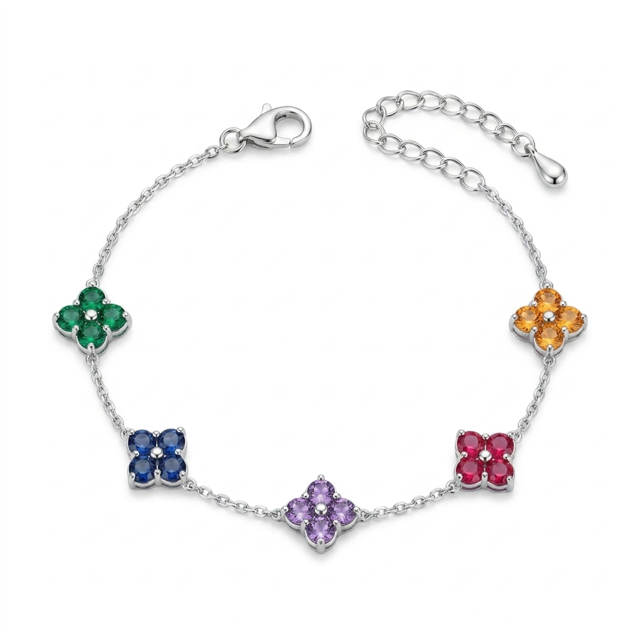 Multicolor Clover 925 Sterling Silver Bracelet featuring vibrant clover-shaped gemstone motifs in green, blue, purple, pink, and yellow, elegantly linked on a delicate sterling silver chain