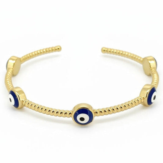 Anti-tarnish yellow gold open cuff bracelet featuring a twisted rope textured band adorned with round bezel-set blue, white, and black enamel evil eye stations.