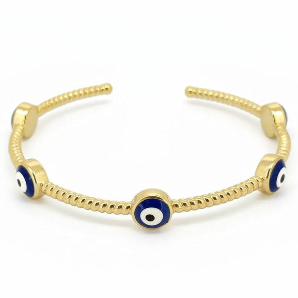 Anti-tarnish yellow gold open cuff bracelet featuring a twisted rope textured band adorned with round bezel-set blue, white, and black enamel evil eye stations.