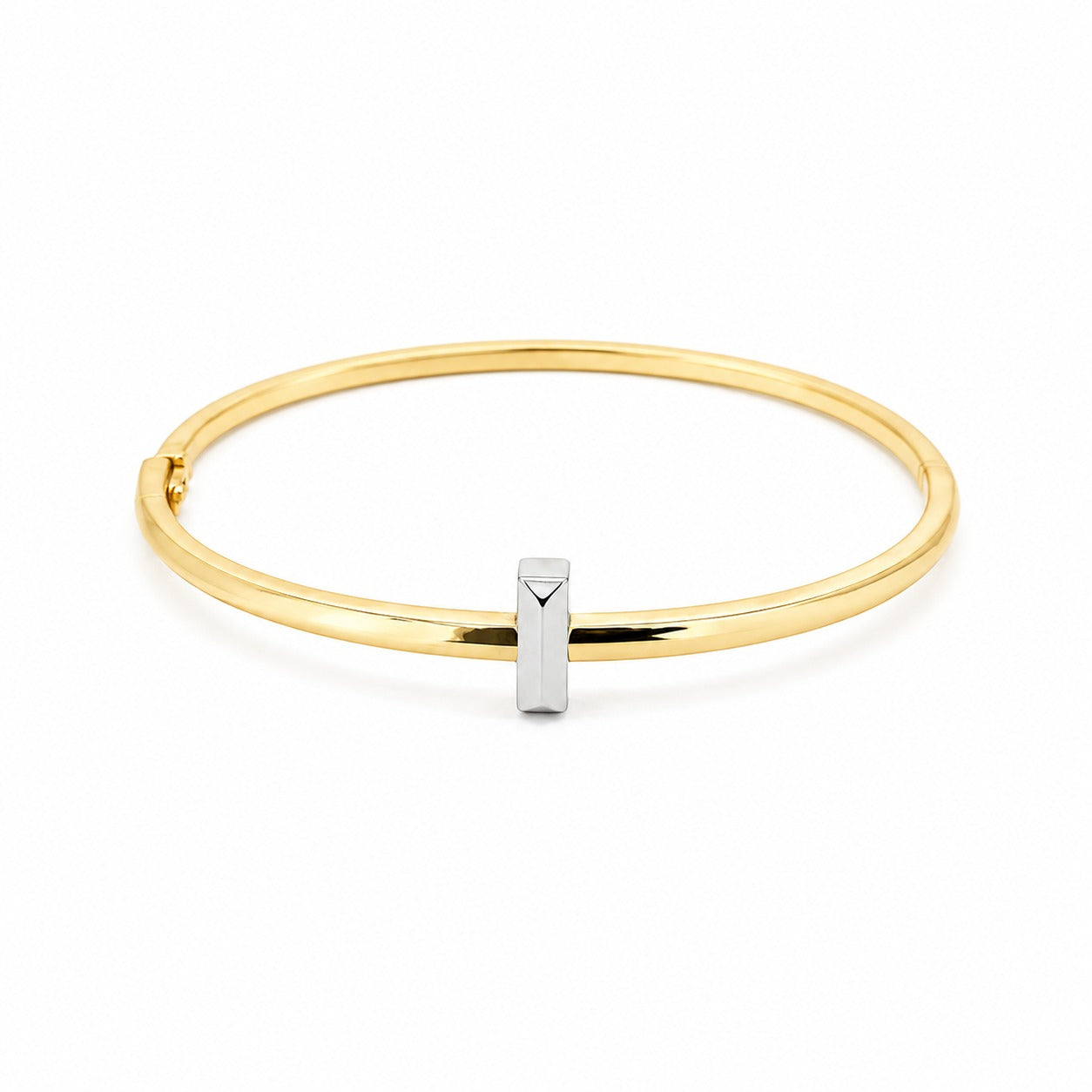 Anti-tarnish two-tone gold bangle bracelet featuring a slim, polished gold band accented with a central vertical silver faceted bar and a side hinge closure.