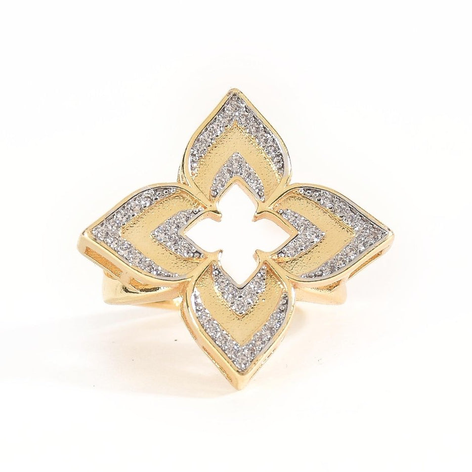 Luxurious golden floral statement ring with brilliant sparkle and an anti-tarnish finish perfect for glamorous occasions, elegant styling, and memorable gifting.
