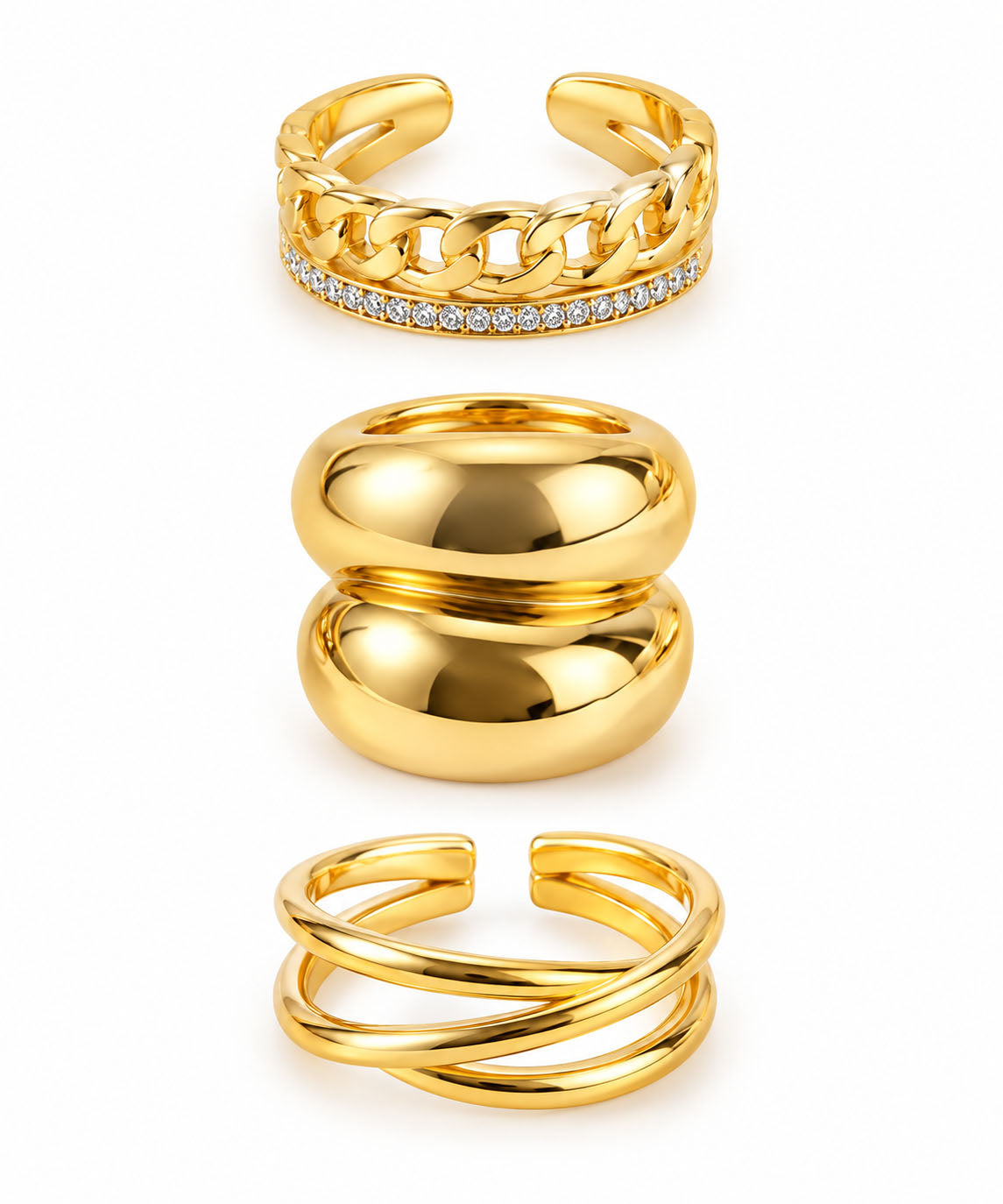 Three gold statement rings featuring a chunky chain pavé open ring, a bold double-dome ring, and a modern crisscross open ring on a clean white background.