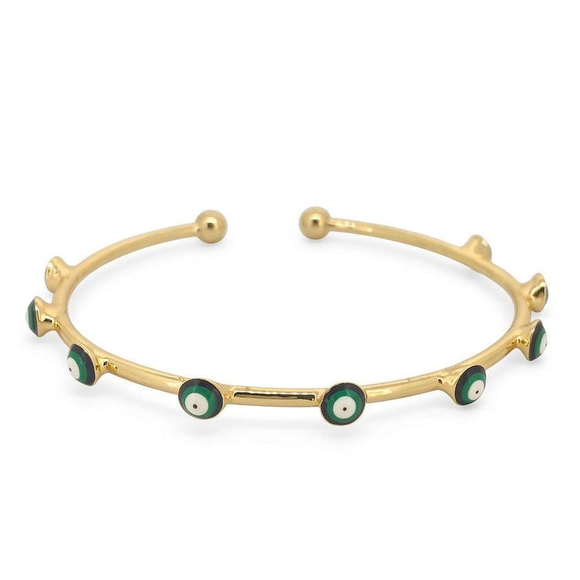 Anti-tarnish yellow gold open cuff bracelet featuring a slender polished band adorned with round bezel-set dark green, white, and black enamel evil eye stations, finished with smooth spherical ball terminals.