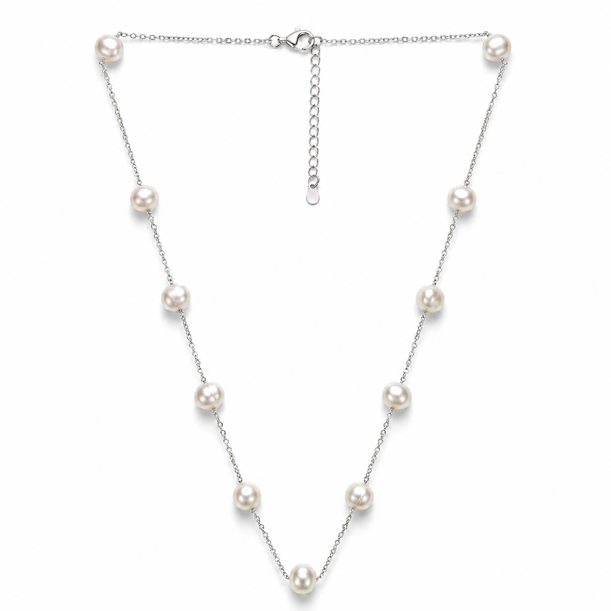 Pearl Cascade 925 sterling silver necklace featuring lustrous round pearls delicately spaced along a fine silver chain