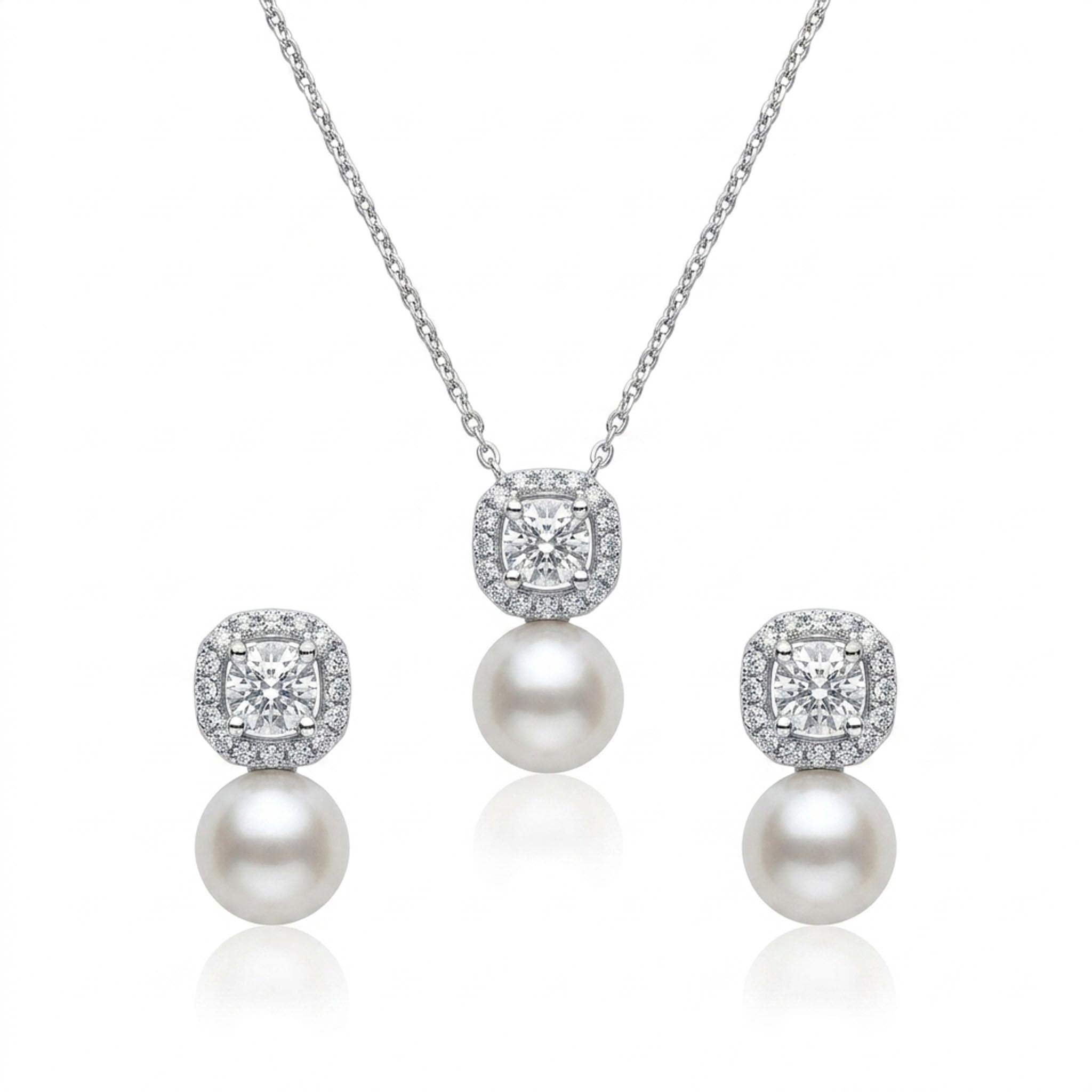 Pearl Crown 925 Sterling Silver Necklace Set featuring a lustrous white pearl pendant suspended beneath a sparkling cushion-cut halo stone, paired with matching pearl stud earrings