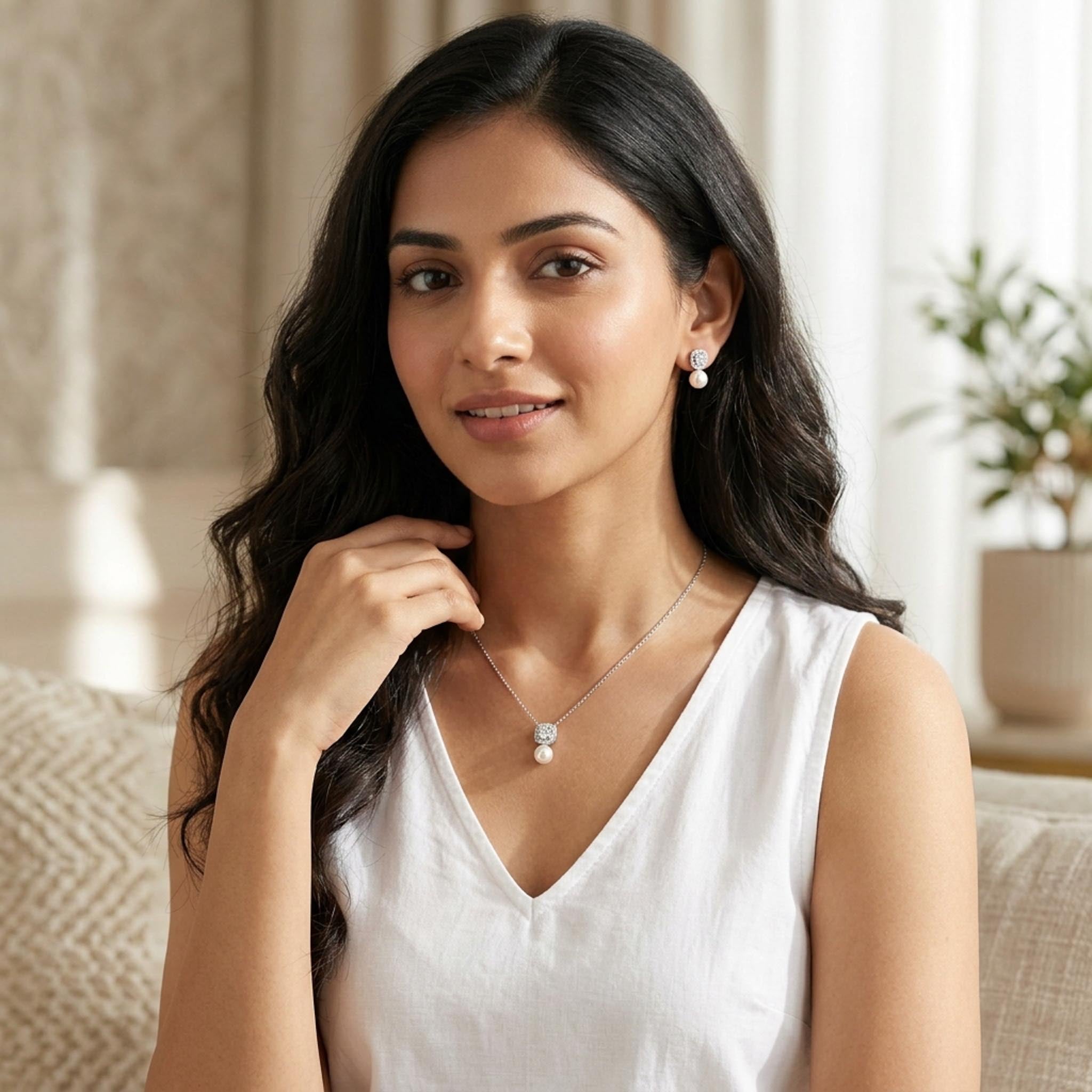Pearl Crown 925 Sterling Silver Necklace Set featuring a lustrous white pearl pendant suspended beneath a sparkling cushion-cut halo stone, paired with matching pearl stud earrings
