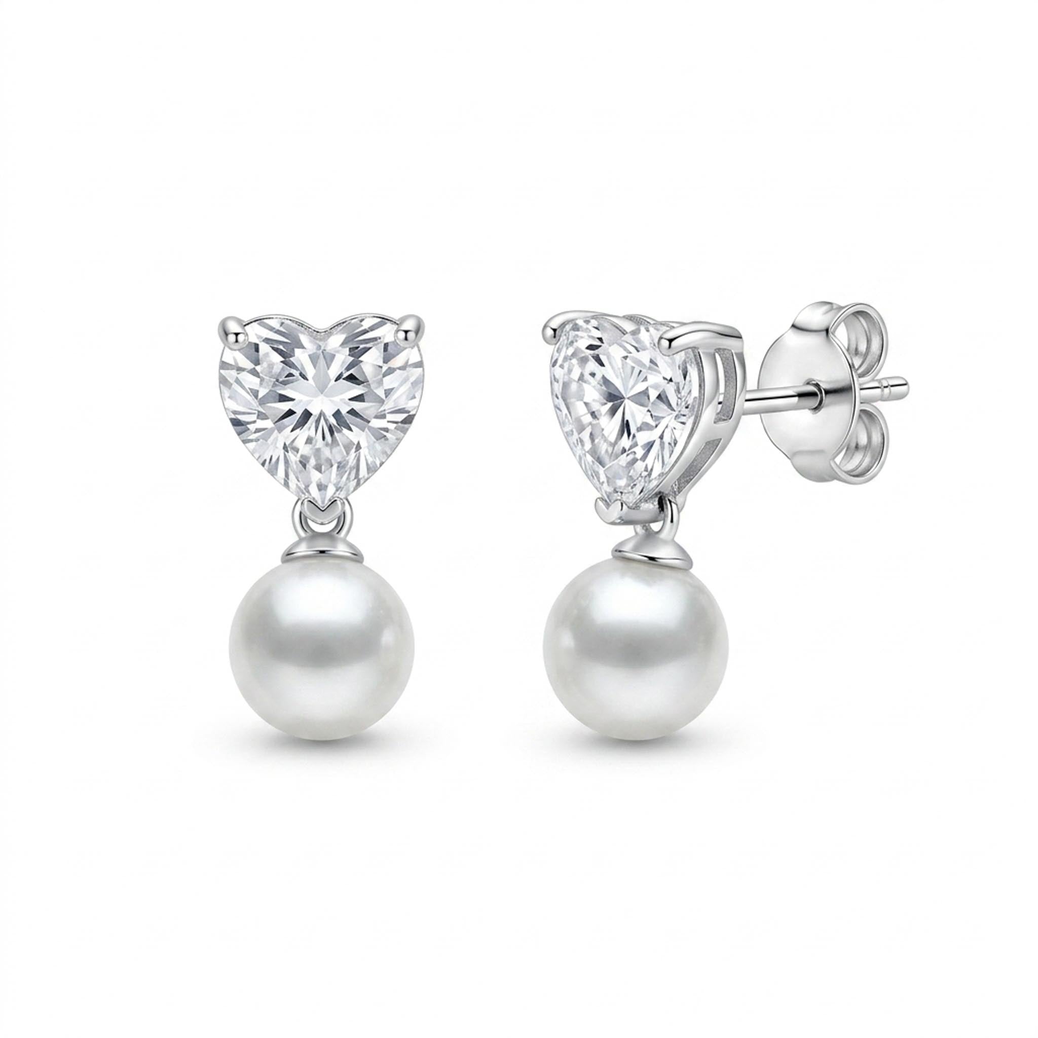 Pearl Dewdrop 925 Sterling Silver Earrings featuring brilliant heart-cut cubic zirconia studs paired with lustrous round pearl drops
