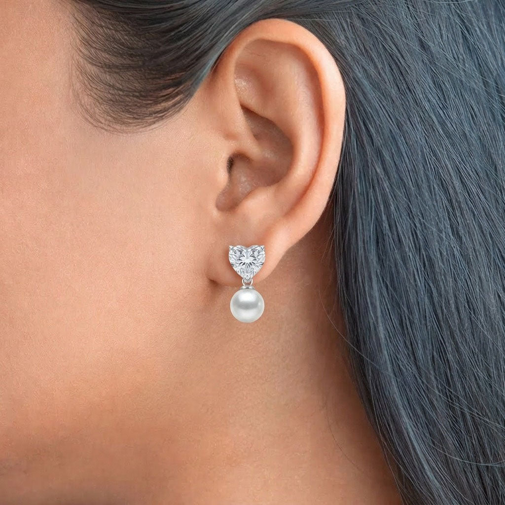 Pearl Dewdrop 925 Sterling Silver Earrings featuring brilliant heart-cut cubic zirconia studs paired with lustrous round pearl drops